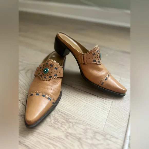 Franco Sarto Tan Leather Studded Mules - Picture 1 of 8